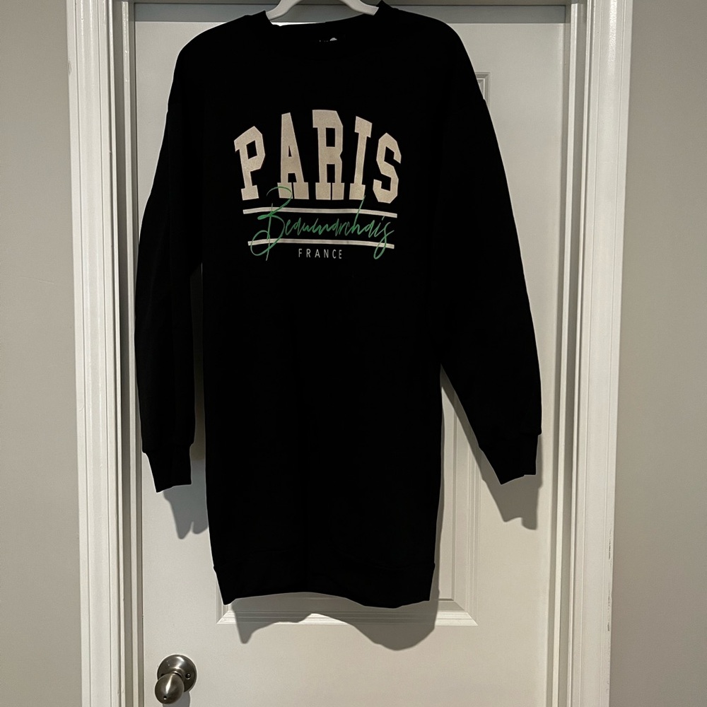 Boohoo Black Paris Graphic Long Sleeve Sweater Dress